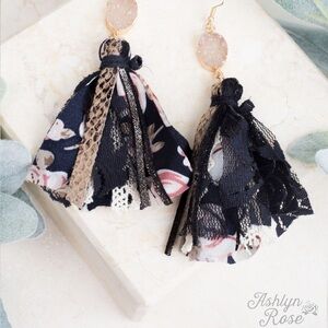 Navy Floral Tassel Drop Earrings with Gold Accents